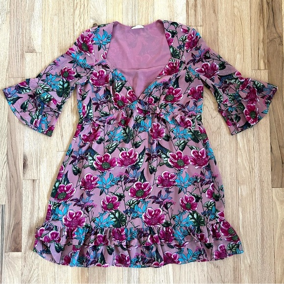 FOR LOVE & LEMONS churro floral babydoll mini dress ruffle pink flamenco size M - Picture 5 of 14